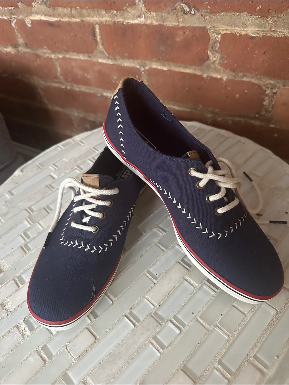 Keds Navy Canvas Boat Shoes with White Laces and Red Trim